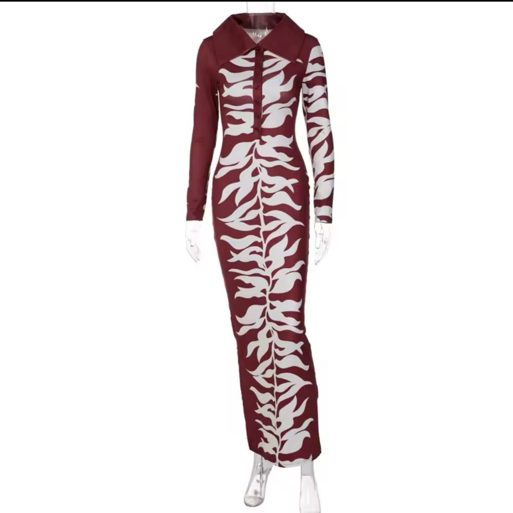 Burgundy Bodycon Long Sleeve Turn Down Collar Maxi Dress